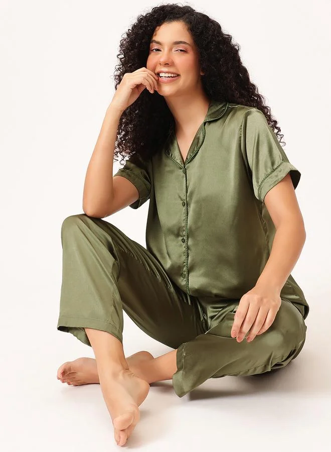 Clovia  Satin Button Down Shirt and Pyjama Set for Women | Best Price UAE